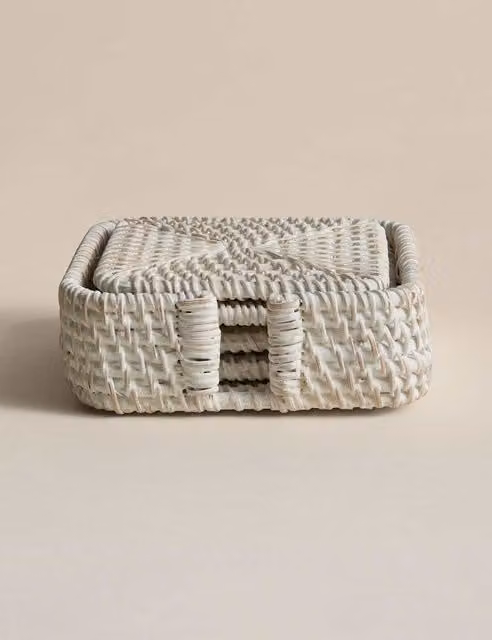 M&S Set of 4 Square White Rattan Coasters with Holder