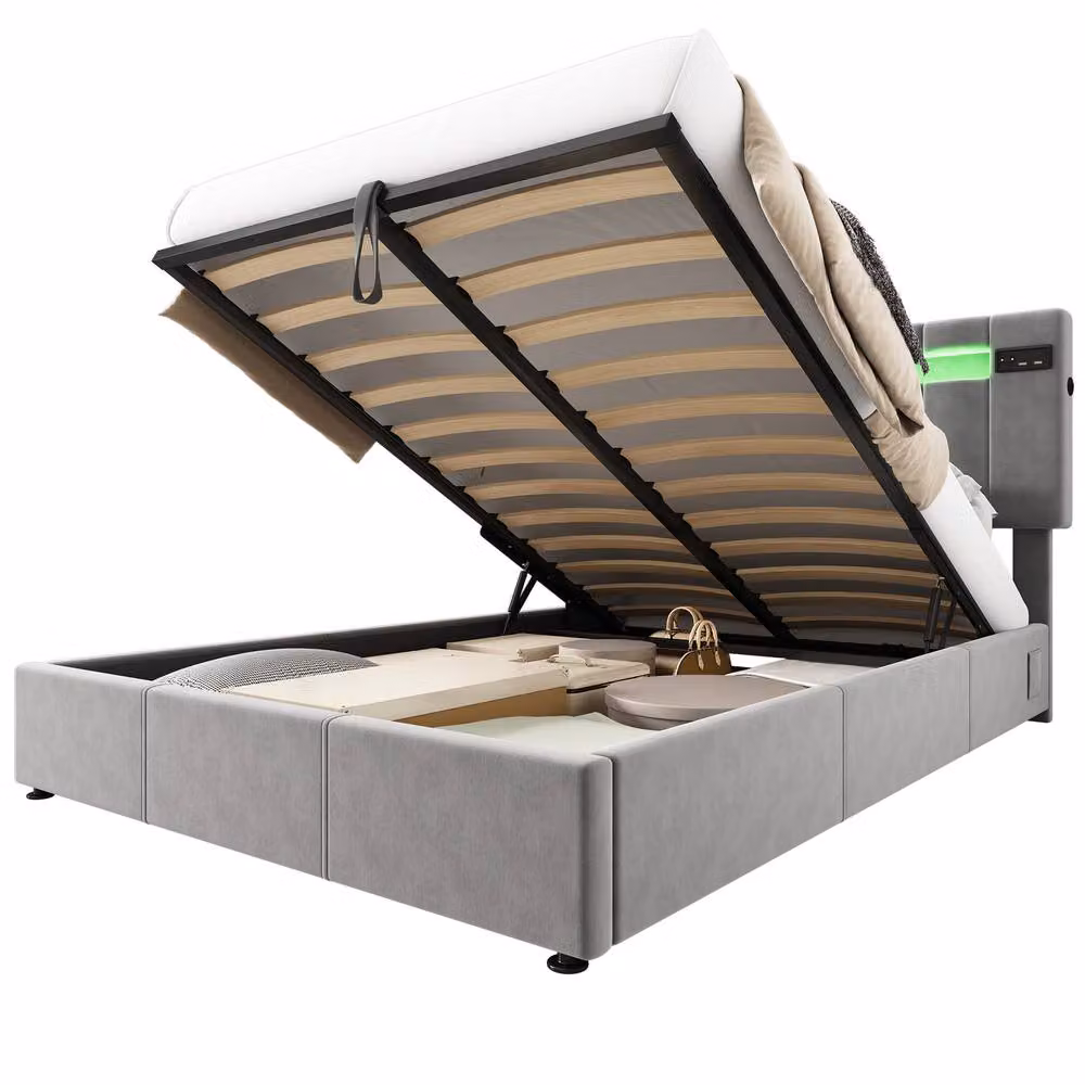 ModernLuxe Grey Velvet Double Ottoman Bed with LED Lights and USB Charging Port, W/D/H: 135 x 190 x 120 cm – 8