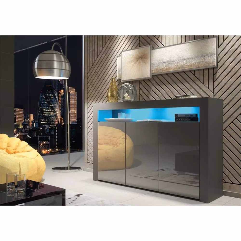PAWNORA Modern Grey Gloss TV Stand Sideboard with Integrated Lighting – 2