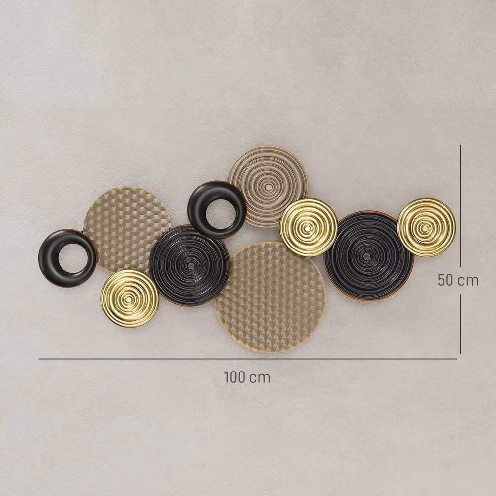 HOMCOM Modern Geometric Metal Wall Art, Abstract Round 3D Hanging Decor in Beige, Black and Gold – 3