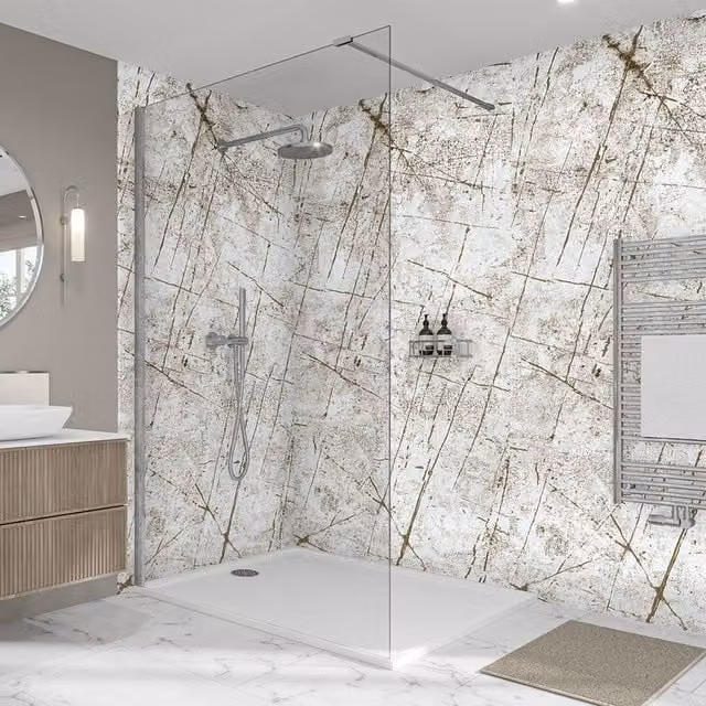Wetwall Elite Double Post Formed Vienna White Stone Look Shower Panel with Gold Details