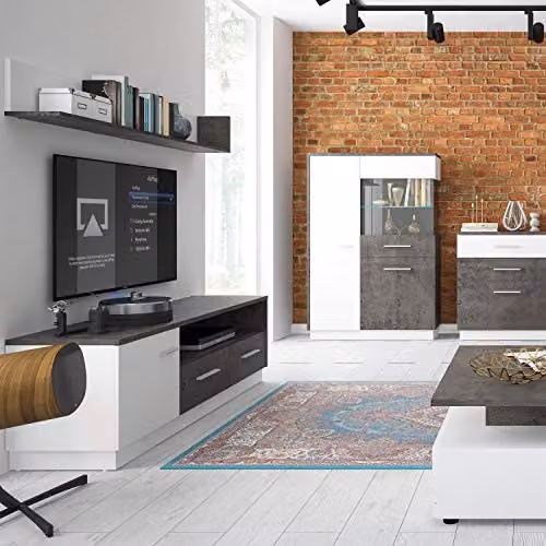 Furniture To Go Zingaro Low Display Cabinet in Grey and White with Glass Doors and Integrated Lighting, W/D/H: 151.0 x 38.0 x 69.89 cm – 2