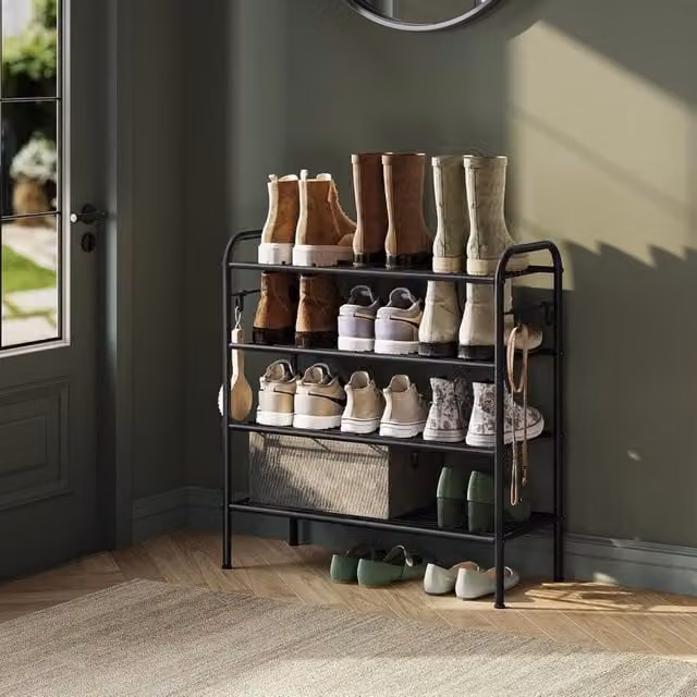 The Bazaarist 4 Tier Adjustable Metal Shoe Rack with Hooks in Matt Black