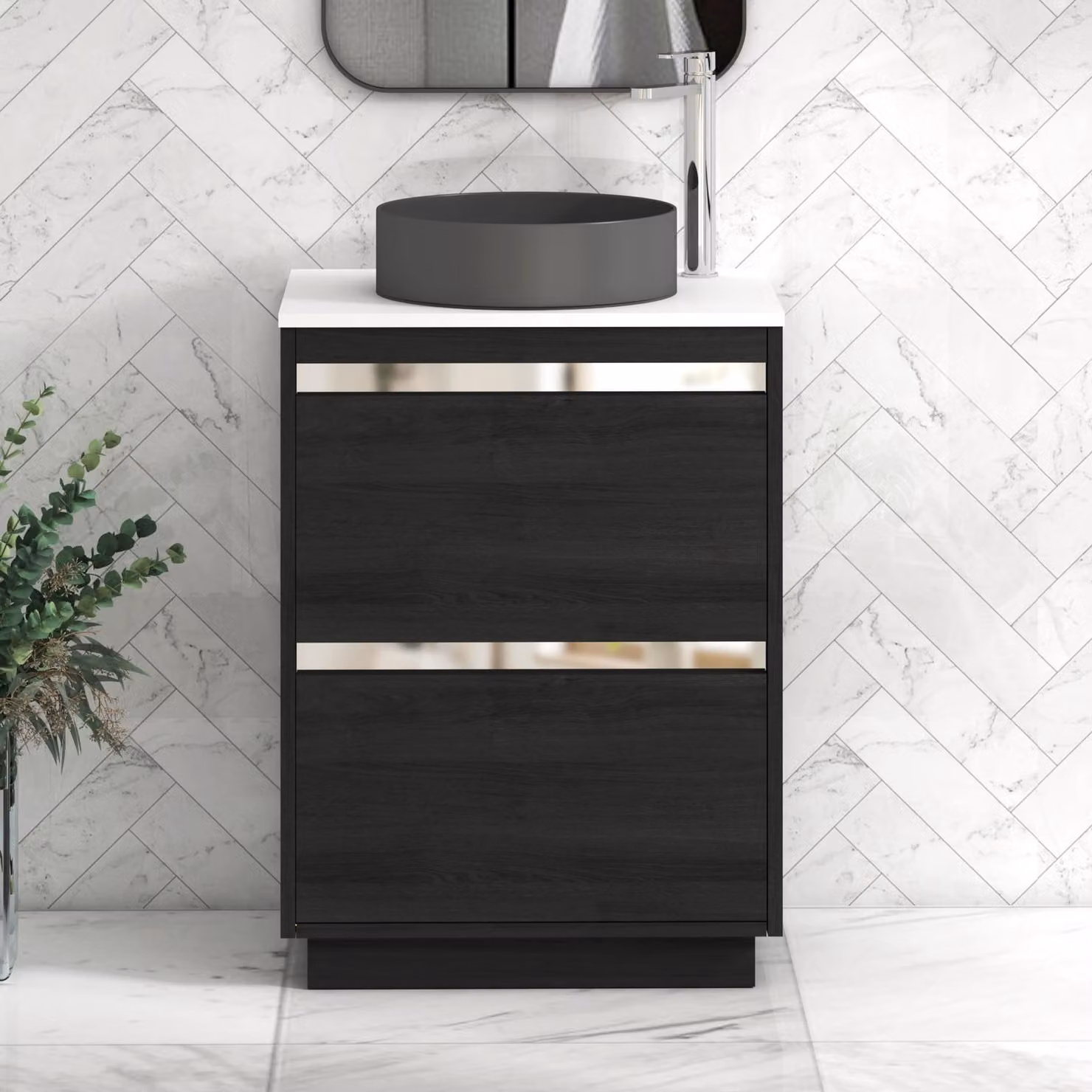 Royal Bathrooms Orion 600mm Hale Black and White Floor Standing Vanity Unit with 2 Drawers and Art Round Basin