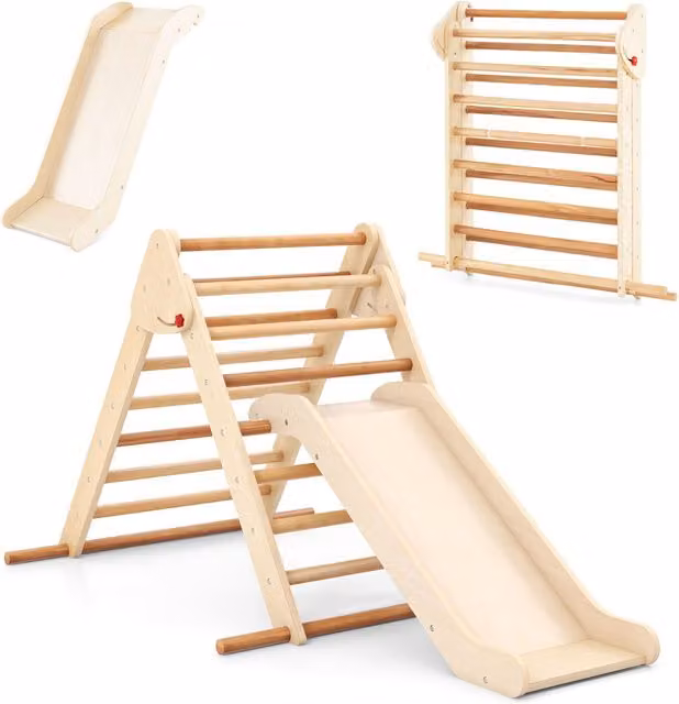 Costway Reversible Slide Children Climber Triangle in Natural Wood, Beige and Brown