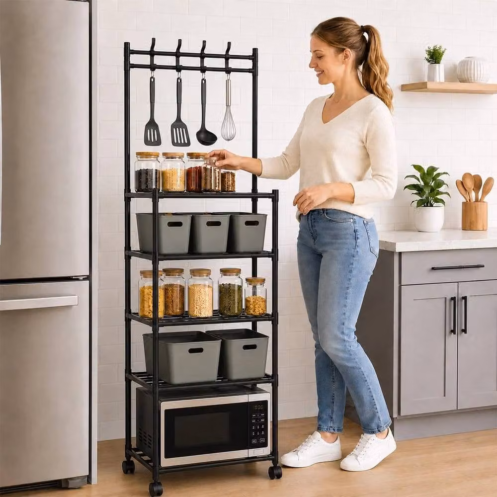 EONLION Black 5 Tier Metal Shelving Unit with Wheels for Kitchen or Bathroom – 3