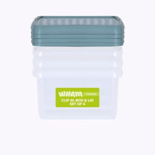 Wham Clip Set of 4 Stackable Plastic Storage Boxes with Lids, 9L, Transparent and Green