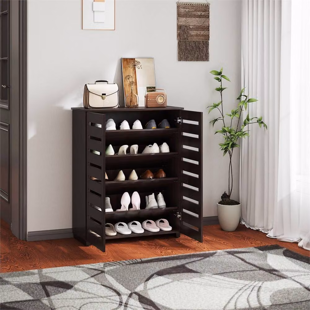 Nordara 5 Tier Shoe Cabinet with Slatted Hinged Doors in Brown, W: 100 cm, D: 60 cm, H: 98 cm – 4