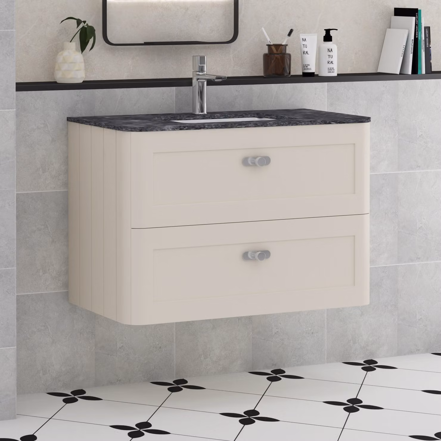 Royal Bathrooms Henley 800mm Wall Hung Vanity Unit with 2 Drawers, Mushroom Cashmere Finish and Black Star Stone Top