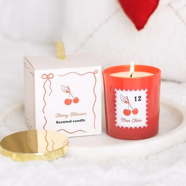 Uniqueful Mon Cheri Cherry Blossom Floral Pillar Candle in Red and Gold