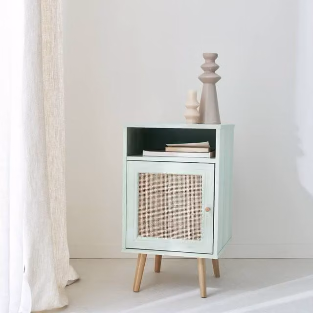sweeek Scandi-style Bedside Table with Rattan Drawer in Pale Green