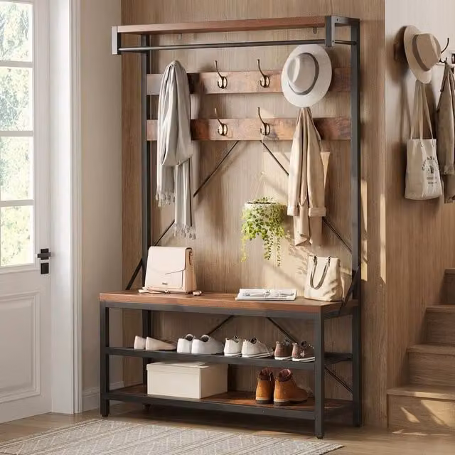 London Boutique 4-in-1 Hallway Storage Unit with Shoe Bench and 8-Hook Coat Rack in Brown