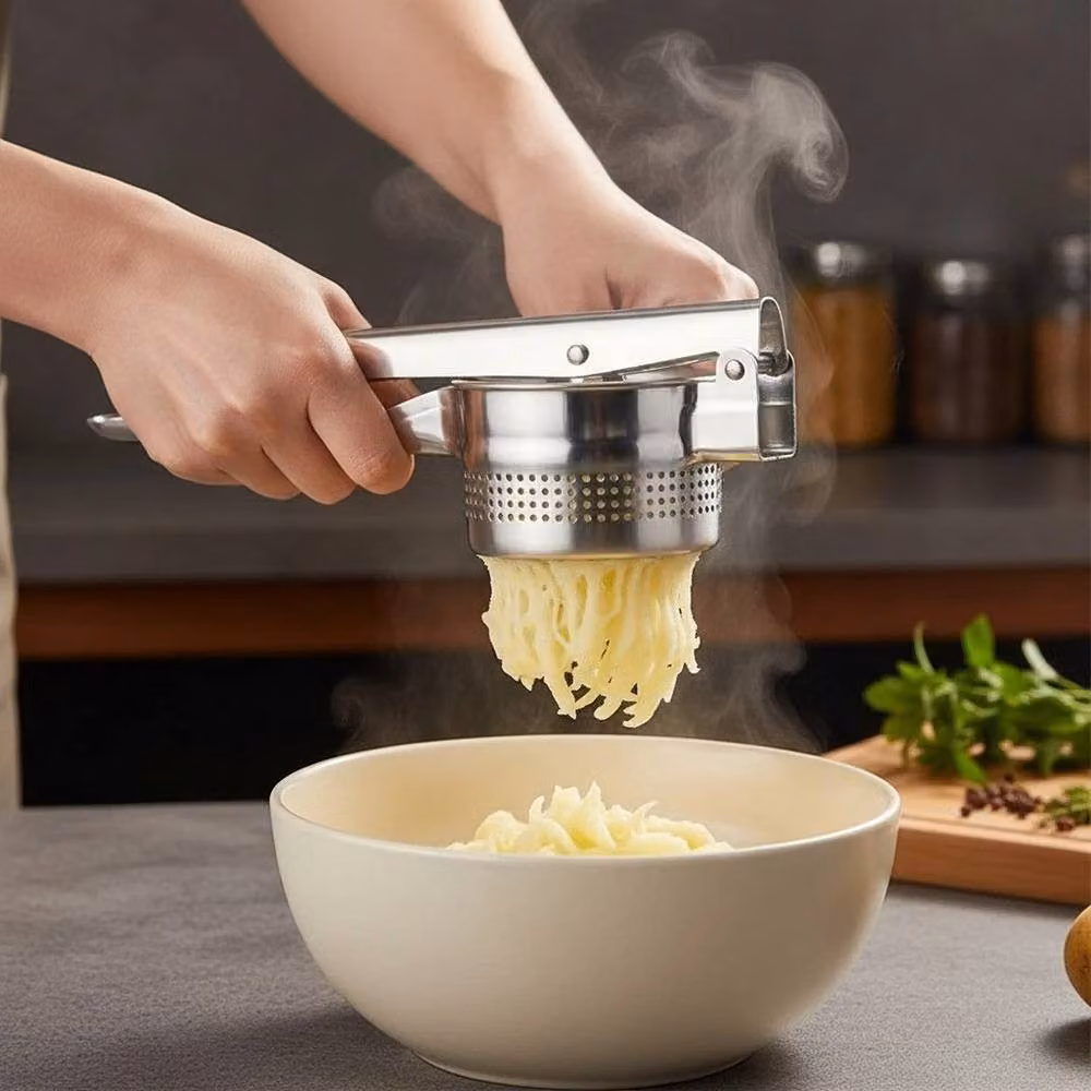 VOGREX Stainless Steel Potato Ricer and Fruit Press Masher in Silver with Ergonomic Grip – 3