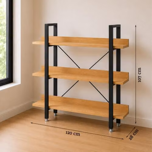 Premier Housewares 3 Tier Wall Mounted Shelf Unit in Gold and Yellow with Beech Grain Wood Shelves, W/D/H: 120 x 28 x 107 cm