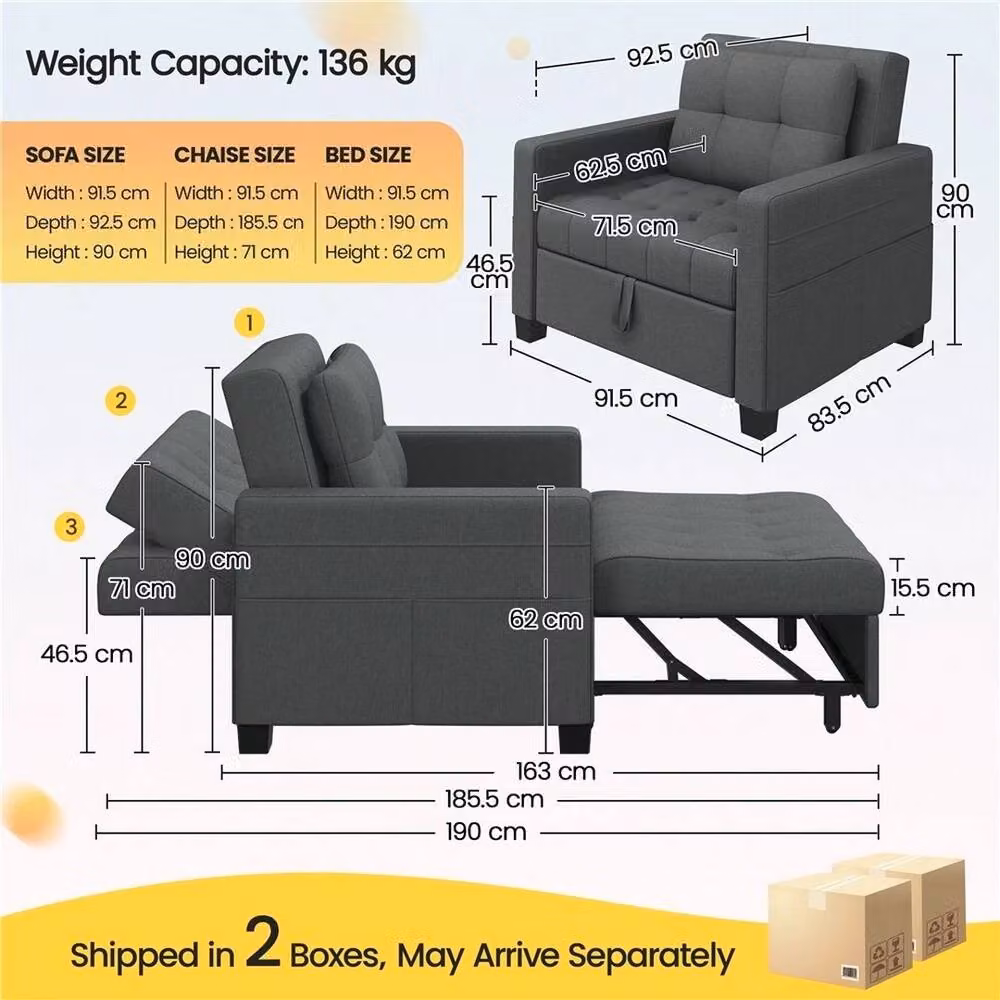PAWNORA 3-in-1 Convertible Sleeper Chair Bed in Dark Grey Fabric with Metal Frame and Armrests – 3