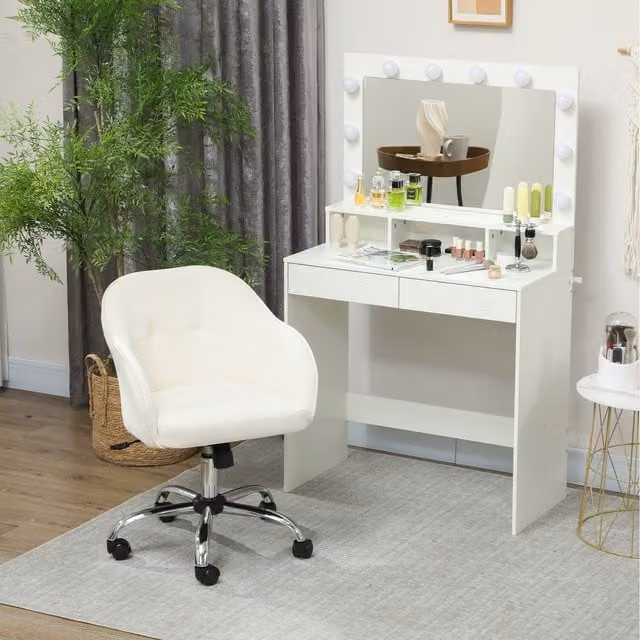 HOMCOM Modern White Velvet Task Chair with Armrests and Castors for Home Office