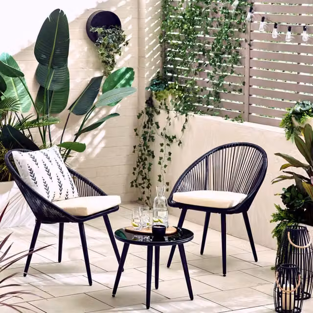 FurnitureboxUK Bora Outdoor 2 Seat Bistro Set in Black with Rattan, Metal and Glass