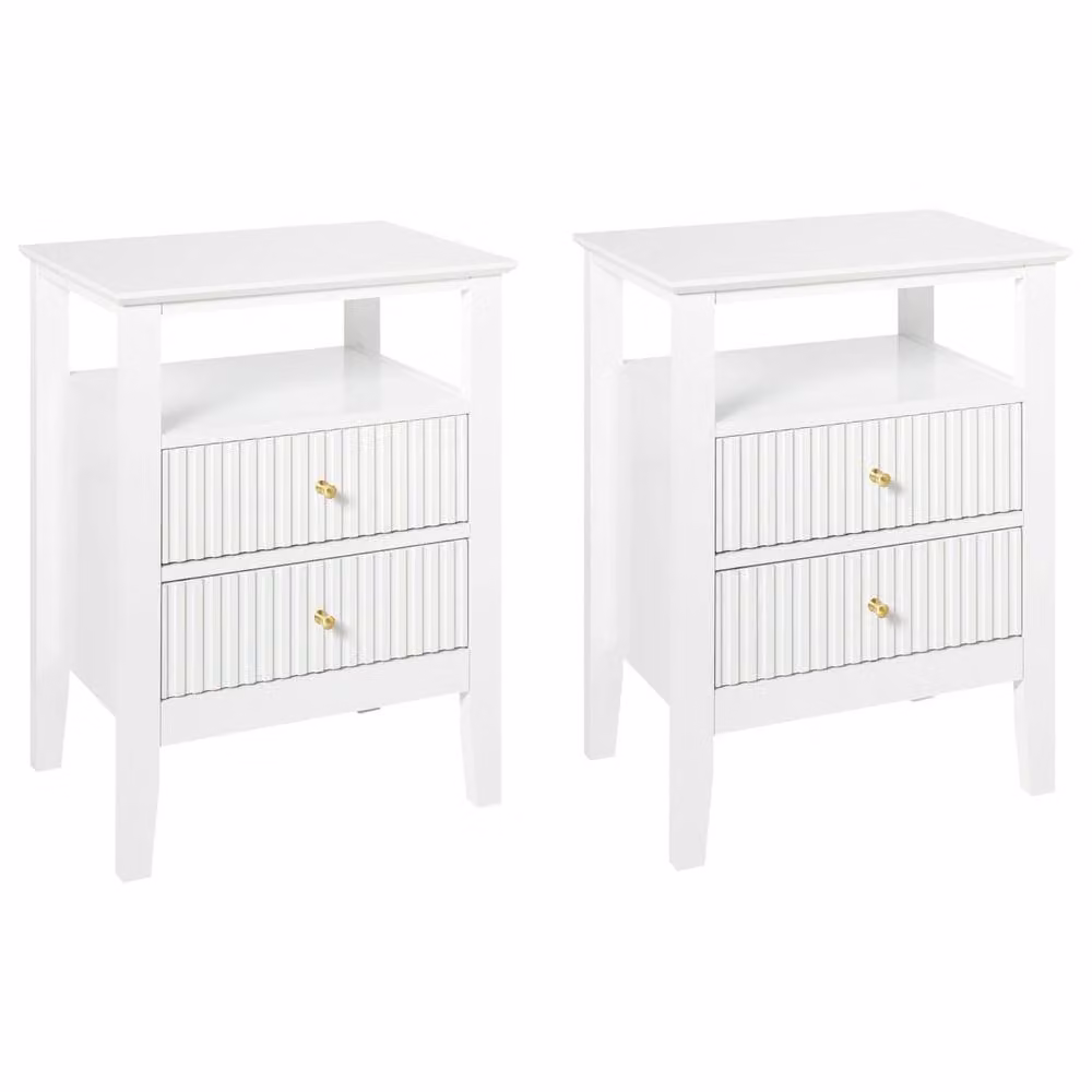 Wyld Haus Modern White Lacquered Bedside Table Set with 2 Soft Close MDF Drawers and Gold Handles – 2