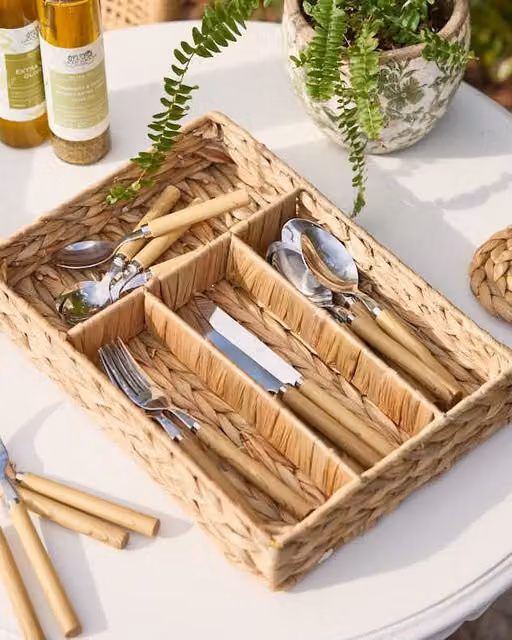 Dibor Lakelyn Water Hyacinth Kitchen Cutlery and Utensil Storage Tray with Compartments, Beige