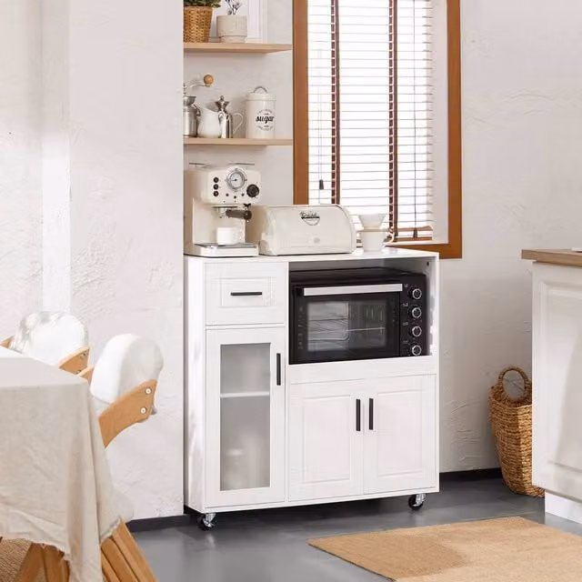 SoBuy White Rustic Kitchen Trolley with Glass Doors and Appliance Housing Unit – 1