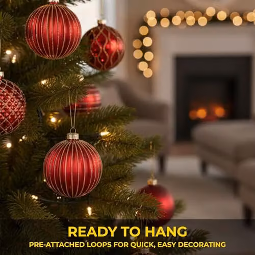 Shatchi Set of 12 Red and Gold Glass Baubles, 8 cm Round Hanging Christmas Ornaments – 3