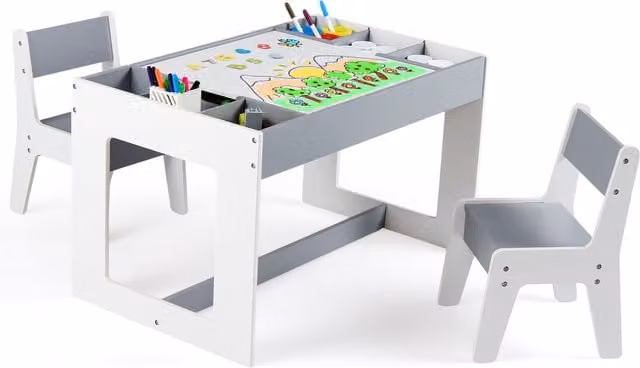 Costway Multifunctional Kids Table and 2 Chairs Set in Grey