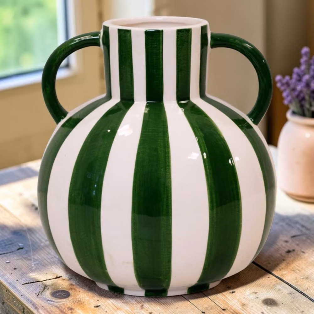 Four Candle Green and White Striped Round Ceramic Tabletop Vase H: 19.0 cm, W: 18.0 cm, D: 18.0 cm – 2