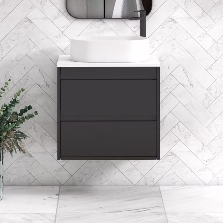 Royal Bathrooms Orion 600mm Matt Obsidian Black Wall Hung 2 Drawer Vanity Unit with Plain White Countertop and Peak Basin