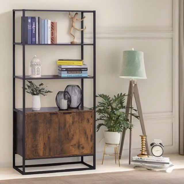 Pirlo Plush Industrial Freestanding Storage Cabinet with Hinged Doors and Open Shelves, Rustic Brown, H: 162.5 x W: 76.0 x D: 33.0 cm – 1