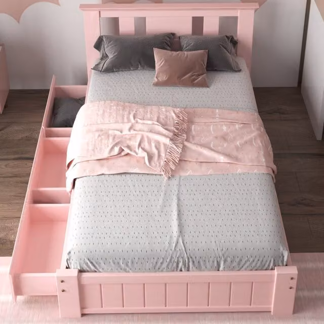 Somnior Beds Ltd Oakmere Solid Wood Single Bed Frame with 3 Drawers and Headboard in Pink and White