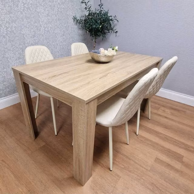 Kosy Koala Oak Effect Rectangular Dining Table with 4 Cream Gem Pattern Faux Leather Chairs