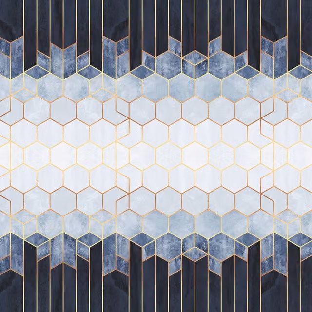 Blue and White Geometric Hexagon Art Deco Wall Mural