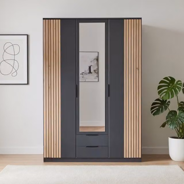 London Oak and Graphite 3 Door 135cm Wardrobe with Mirror