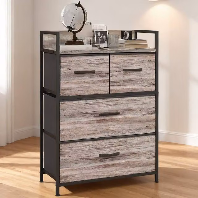 ERGOVEXA Rustic Chest of Four Fabric Drawers in Grey Wood Effect