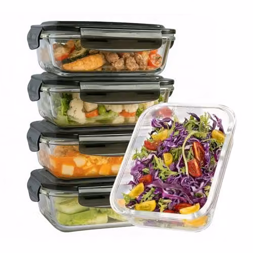 MantraRaj 5 Pack Airtight and Leakproof Glass Meal Prep Containers with Lids, 380ml, Blue and Transparent – 1