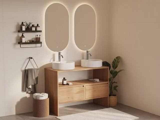 Vente-unique Solid Oak Bathroom Vanity Unit with Round Countertop Basin in Light Oak