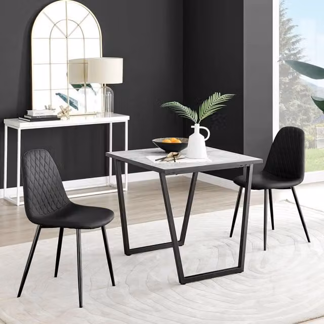 FurnitureboxUK Carson White Marble Effect Square Dining Table and 2 Black Faux Leather Corona Chairs