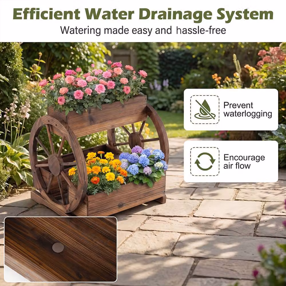 Costway Rustic Wood 2-tier Raised Garden Bed Wagon Planter with 3 Growing Boxes in Brown – 4