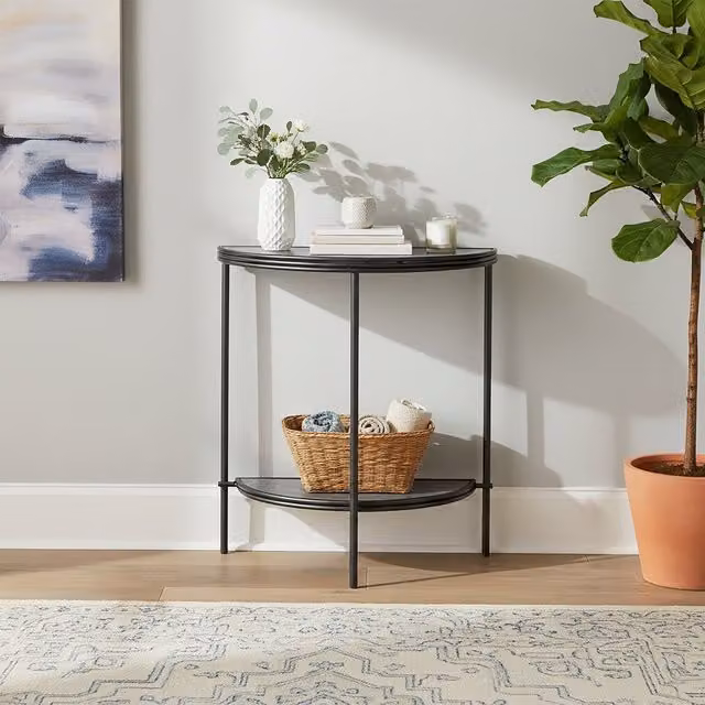 Orsina Xania Semi Circle Console Table in Black with Glass and Metal