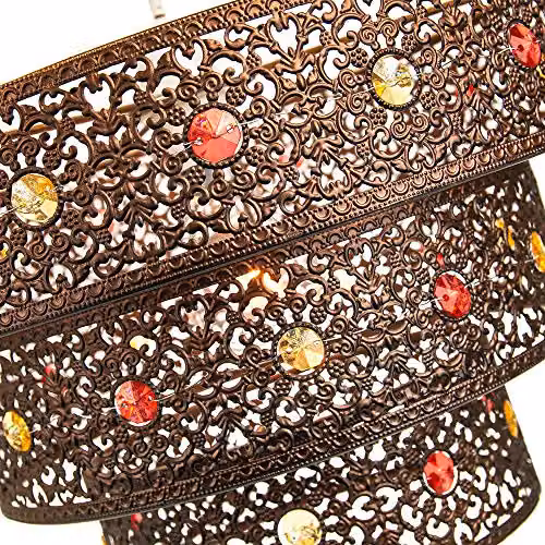 Happy Homewares Moroccan Style Triple Tier Ornate Pendant Light Shade in Antique Bronze with Red and Amber Beads, Width: 30 cm – 2