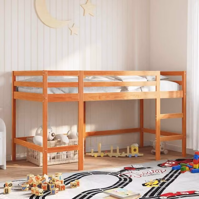 Berkfield Home Kids' Loft Bed in Waxed Brown Solid Pine with Ladder, W/D/H: 200 x 80 x 80 cm