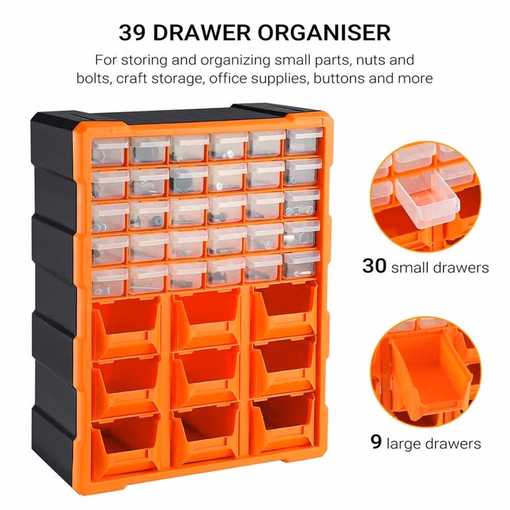 KORVIXA 39 Drawer DIY Storage Organiser Craft Box in Orange and Transparent Plastic, W/D/H: 50.0 x 50.0 x 50.0 cm – 3