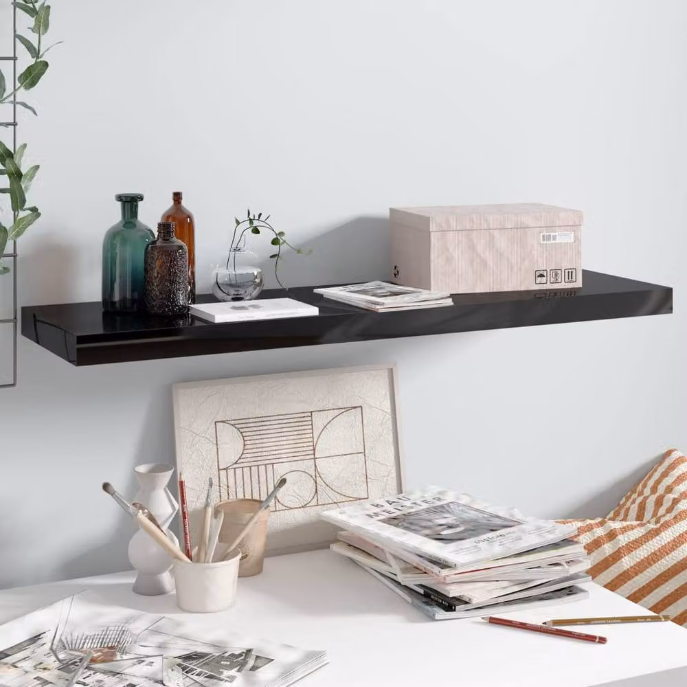 Berkfield Home Floating Wall Shelf in High Gloss Black, W/D/H: 90 x 23.5 x 3.8 cm – 2