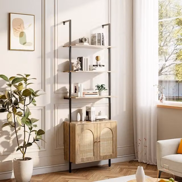 Komore Scandinavian Wooden Bookcase with Rattan Storage Cabinet in Brown