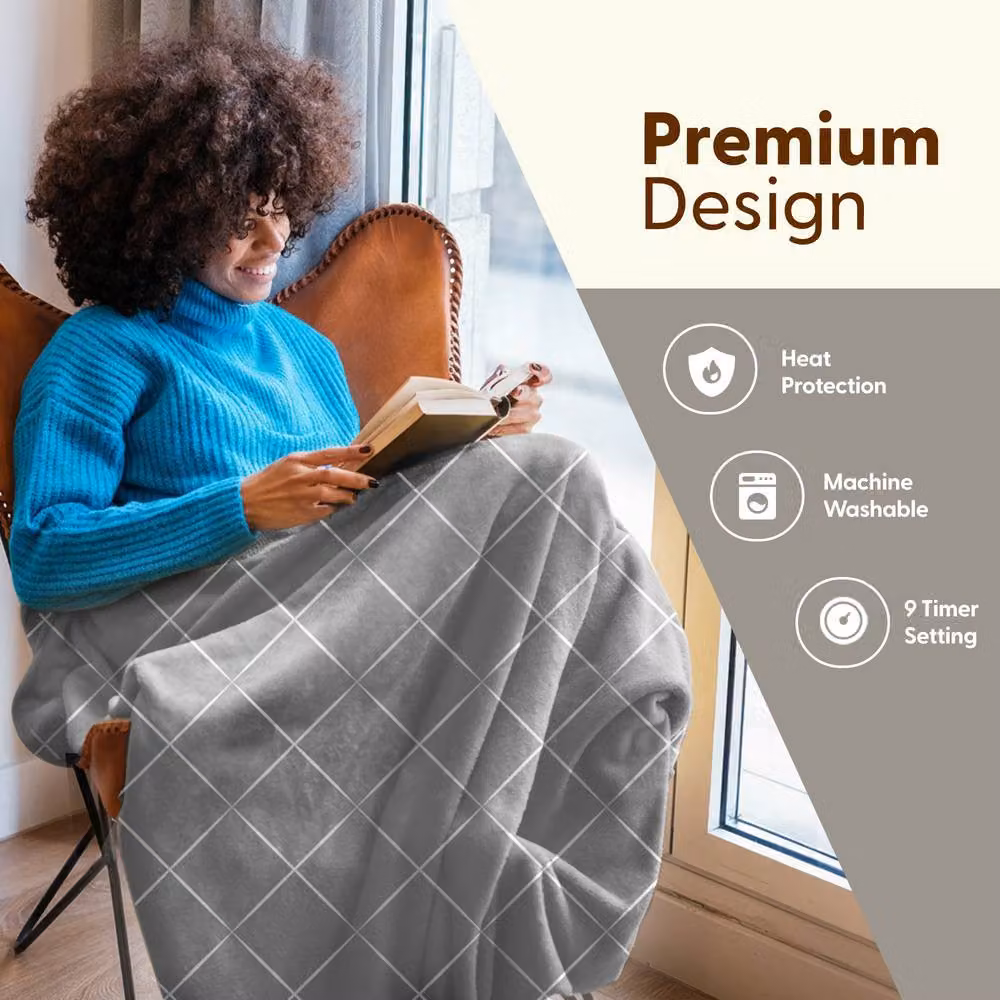 Keplin Large Electric Heated Fleece Wool Throw Blanket in Light Grey with 9 Heat Settings – 3