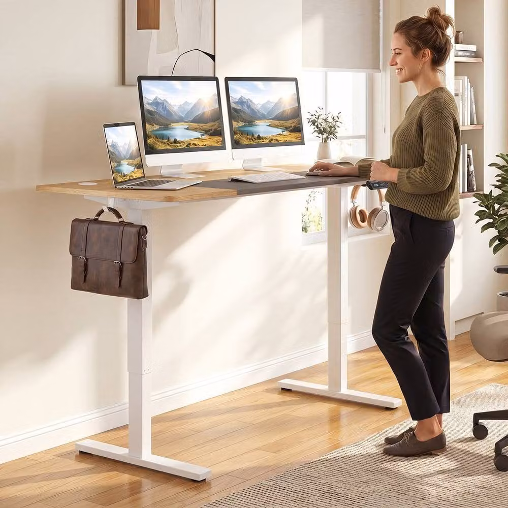 KORVIXA Natural Brown Height Adjustable Electric Sit Stand Gaming and Office Desk W/D/H: 140 x 60 cm – 3