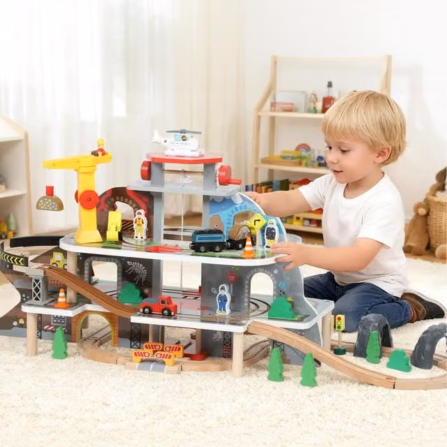 AIYAPLAY 79 Piece Wooden Mine Themed Push Train Set, Multicolour