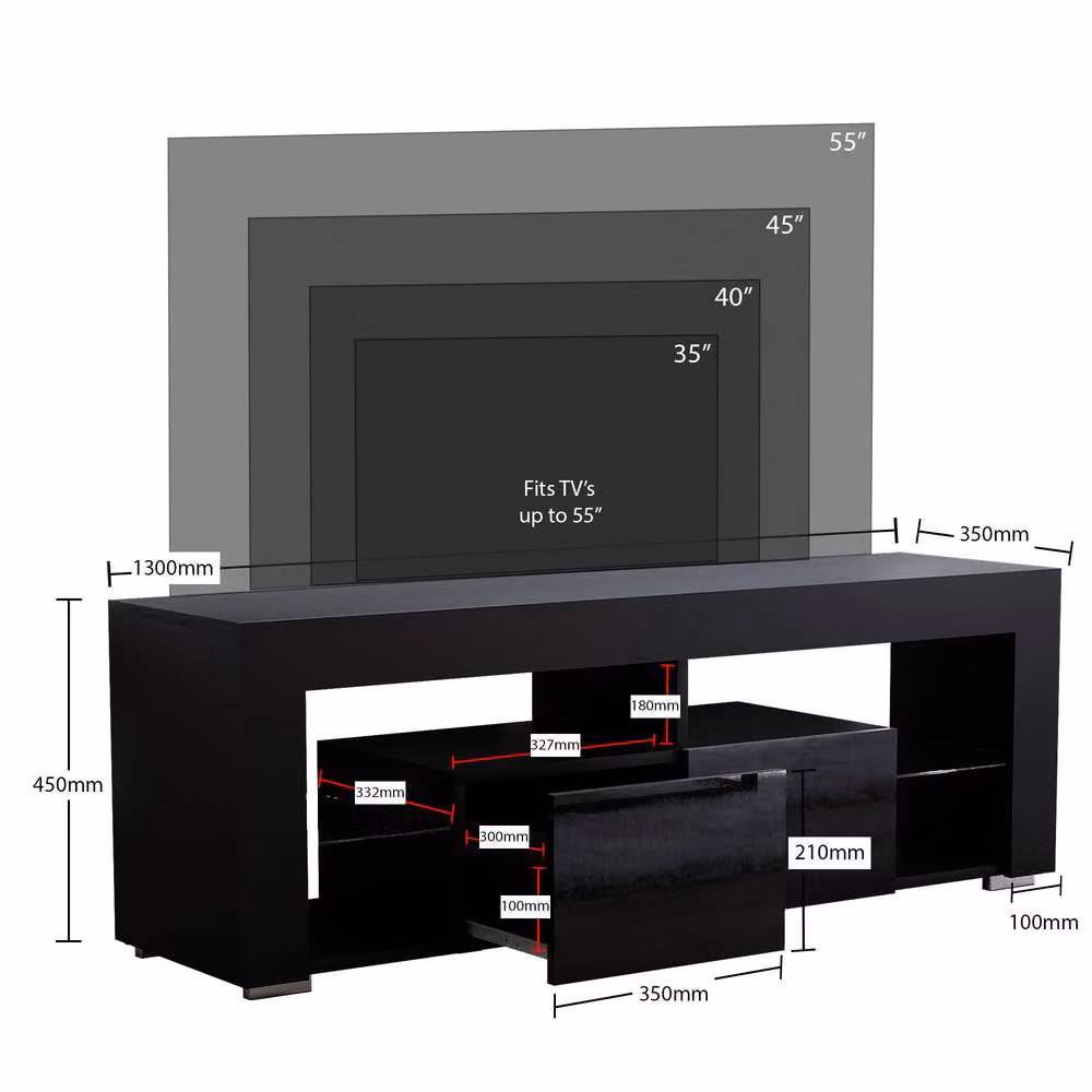 HD Designs Vida Designs Luna Modern Glossy Black 2 Drawer LED TV Unit with Glass Details – 3