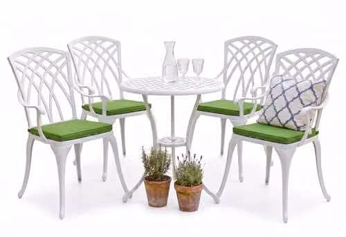 Centurion OSHOWA 5-Piece Cast Aluminium Bistro Set in White with 4 Green Cushions, featuring a Round Table and 4 High-Back Armchairs – 1