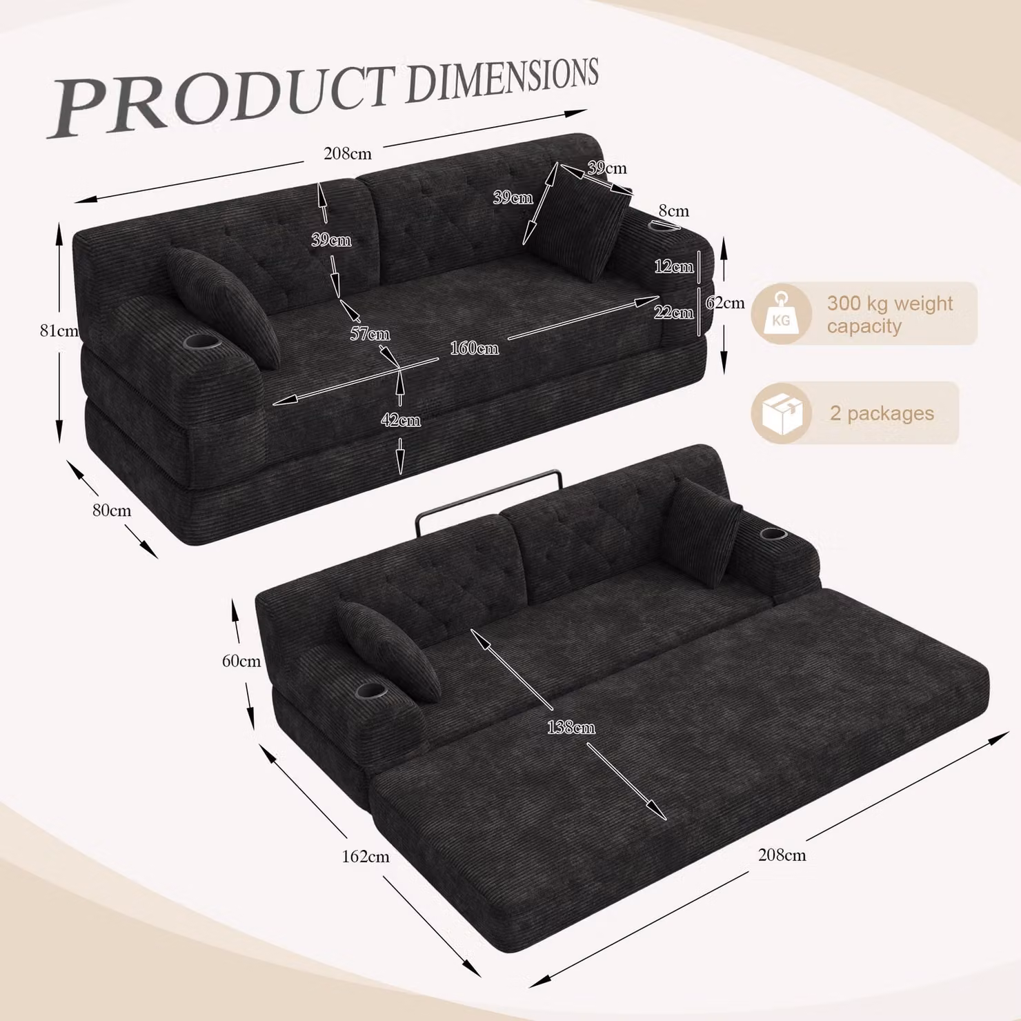 Aosom UK Black Corduroy Convertible Sleeper Sofa with High-Density Foam and Metal Frame, W: 80 cm, D: 208 cm, H: 81 cm – 3